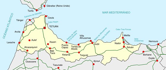 Territorios espanoles al norte de Marruecos al 1956